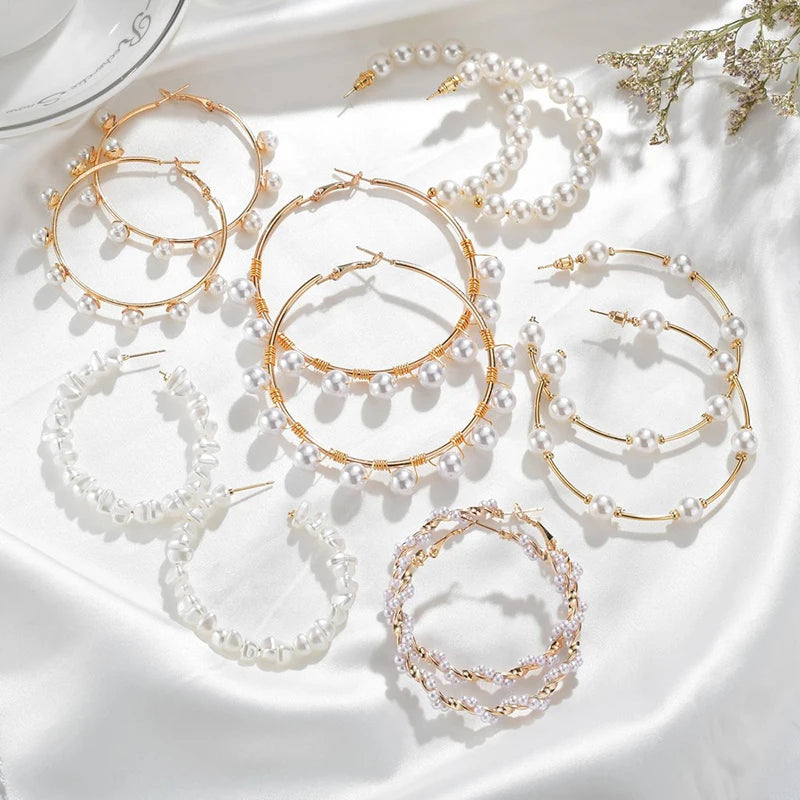 Luxury Pearl Round Loop Earring for Women, Imitation Pearl Large Hoops, Wedding Creole Jewelry, Pendientes Aros