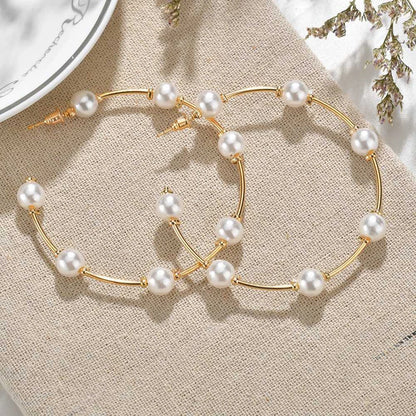 Luxury Pearl Round Loop Earring for Women, Imitation Pearl Large Hoops, Wedding Creole Jewelry, Pendientes Aros