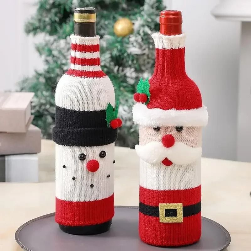 Christmas Wine Bottle Cover Santa and Snowman Knit Holiday Decoration