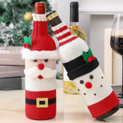 Christmas Wine Bottle Cover Santa And Snowman Knit Holiday Decoration 2