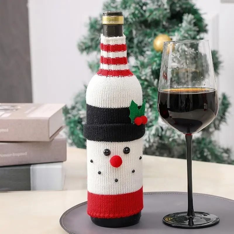 Christmas Wine Bottle Cover Santa And Snowman Knit Holiday Decoration 7