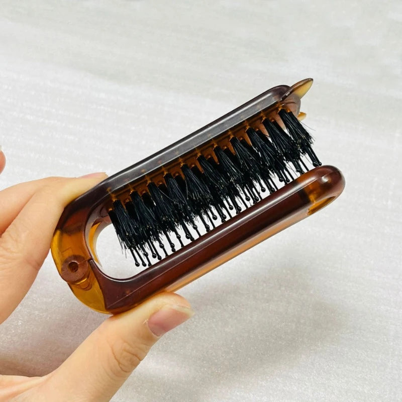 Portable Folding Anti Static Hair Brush for Women, Pig Mane Hair Combs, Head Styling Massage Combs Barber Accessories