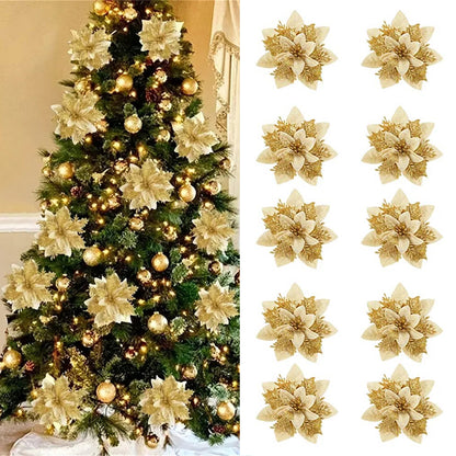 Christmas Flower Ornaments for Tree, Pink, Red, Gold Glitter Artificial Flowers for Xmas Home Decoration