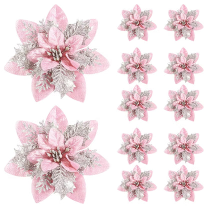 Christmas Flower Ornaments for Tree, Pink, Red, Gold Glitter Artificial Flowers for Xmas Home Decoration