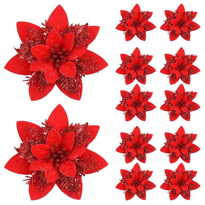 Christmas Flower Ornaments for Tree, Pink, Red, Gold Glitter Artificial Flowers for Xmas Home Decoration