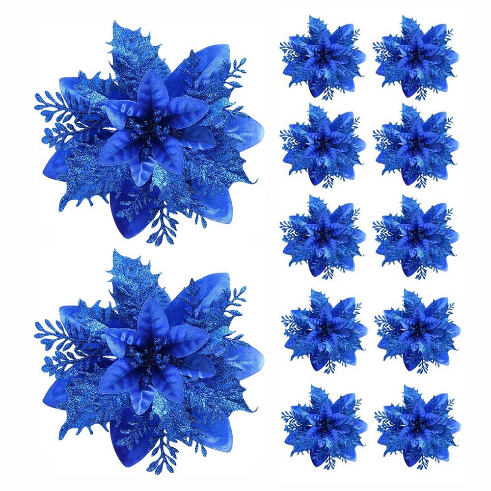 Christmas Flower Ornaments for Tree, Pink, Red, Gold Glitter Artificial Flowers for Xmas Home Decoration