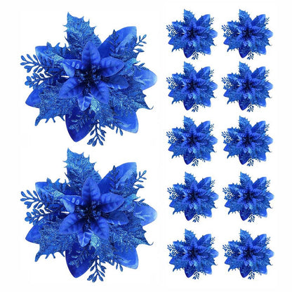 Christmas Flower Ornaments for Tree, Pink, Red, Gold Glitter Artificial Flowers for Xmas Home Decoration