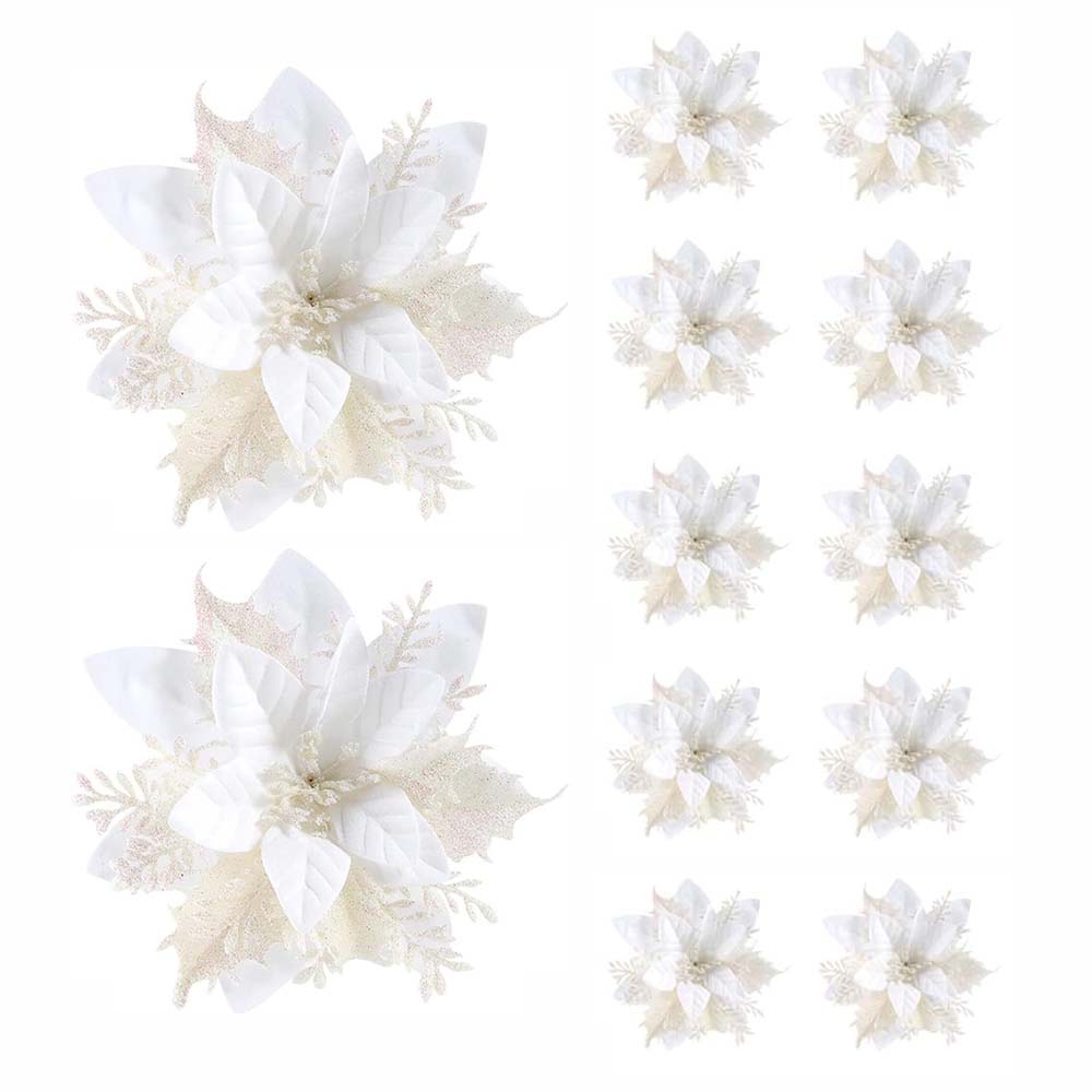 Christmas Flower Ornaments for Tree, Pink, Red, Gold Glitter Artificial Flowers for Xmas Home Decoration
