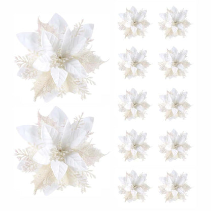 Christmas Flower Ornaments for Tree, Pink, Red, Gold Glitter Artificial Flowers for Xmas Home Decoration