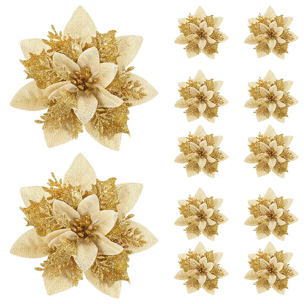 Christmas Flower Ornaments for Tree, Pink, Red, Gold Glitter Artificial Flowers for Xmas Home Decoration