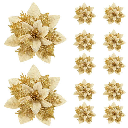 Christmas Flower Ornaments for Tree, Pink, Red, Gold Glitter Artificial Flowers for Xmas Home Decoration