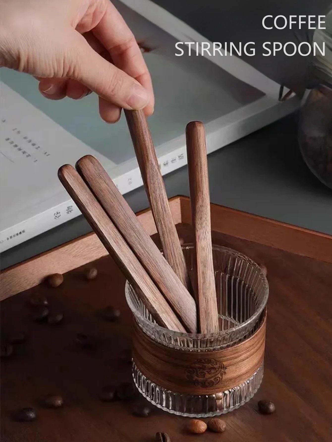 Walnut Wood LongHandle Mixing Spoon  Creative Wooden Coffee  Dessert Stirrer 6