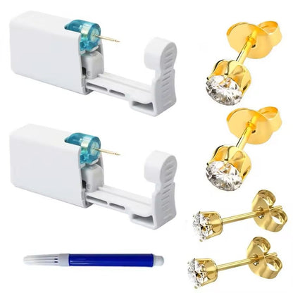 2PCS Disposable Ear Piercing Kit – Built-in Stud Guns + Bonus Cubic Zirconia Earrings | Safe & Easy Home Use Tool