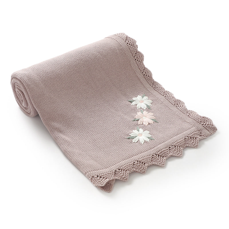 Knitted Baby Cotton Blankets with Floral Embroidery, Stroller Bedding for Newborns, Infant Receiving Mats