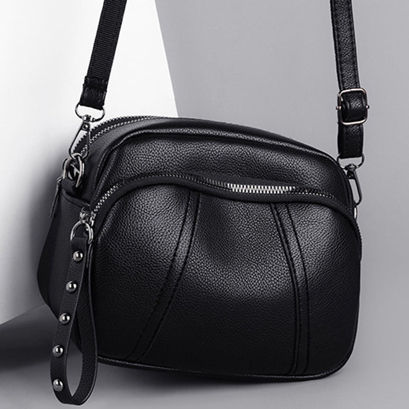 Women's Mobile Phone Bag with Rivet Zipper and Simple Soft Leather Shoulder Crossbody Small Square Bag