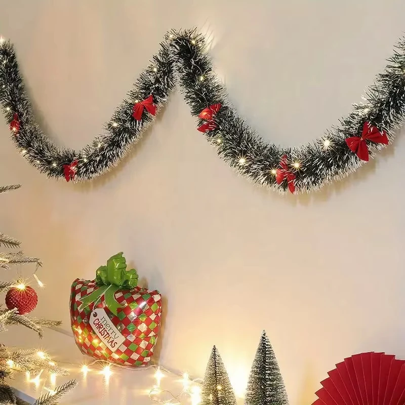Christmas Tinsel Garland with LED Lights, Metallic Twist Hanging Garland for Fireplace and Xmas Decorations
