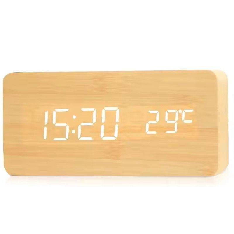 Wooden LED Digital Alarm Clock With Temperature Display  Desk  Bedside Clock For Home  Office 1