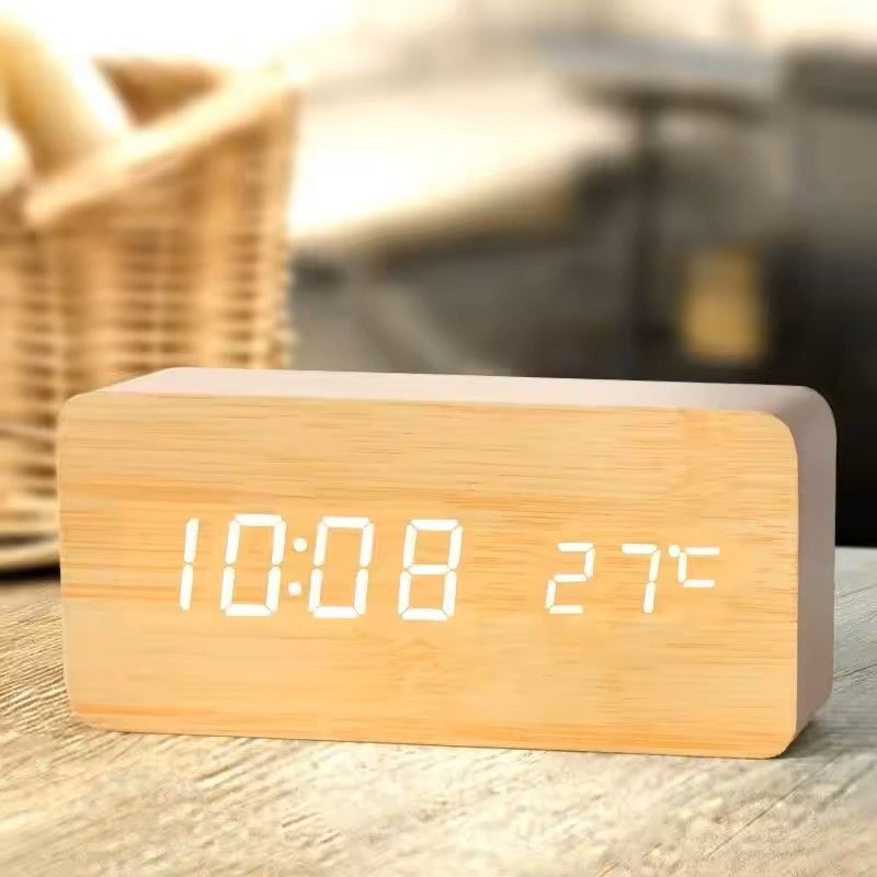 Wooden LED Digital Alarm Clock with Temperature Display – Desk / Bedside Clock for Home & Office