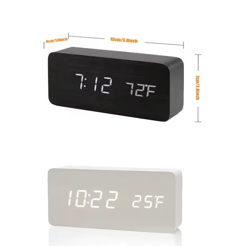 Wooden LED Digital Alarm Clock With Temperature Display  Desk  Bedside Clock For Home  Office 3