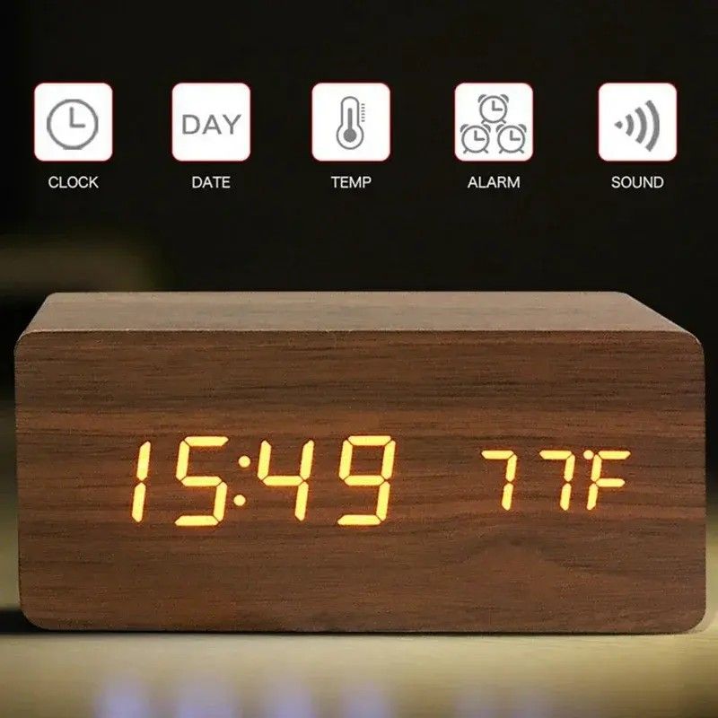 Wooden LED Digital Alarm Clock With Temperature Display  Desk  Bedside Clock For Home  Office 11