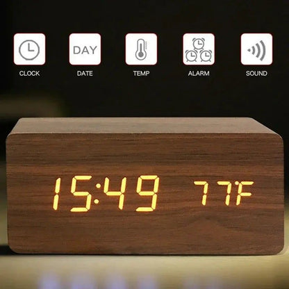 Wooden LED Digital Alarm Clock With Temperature Display  Desk  Bedside Clock For Home  Office 11