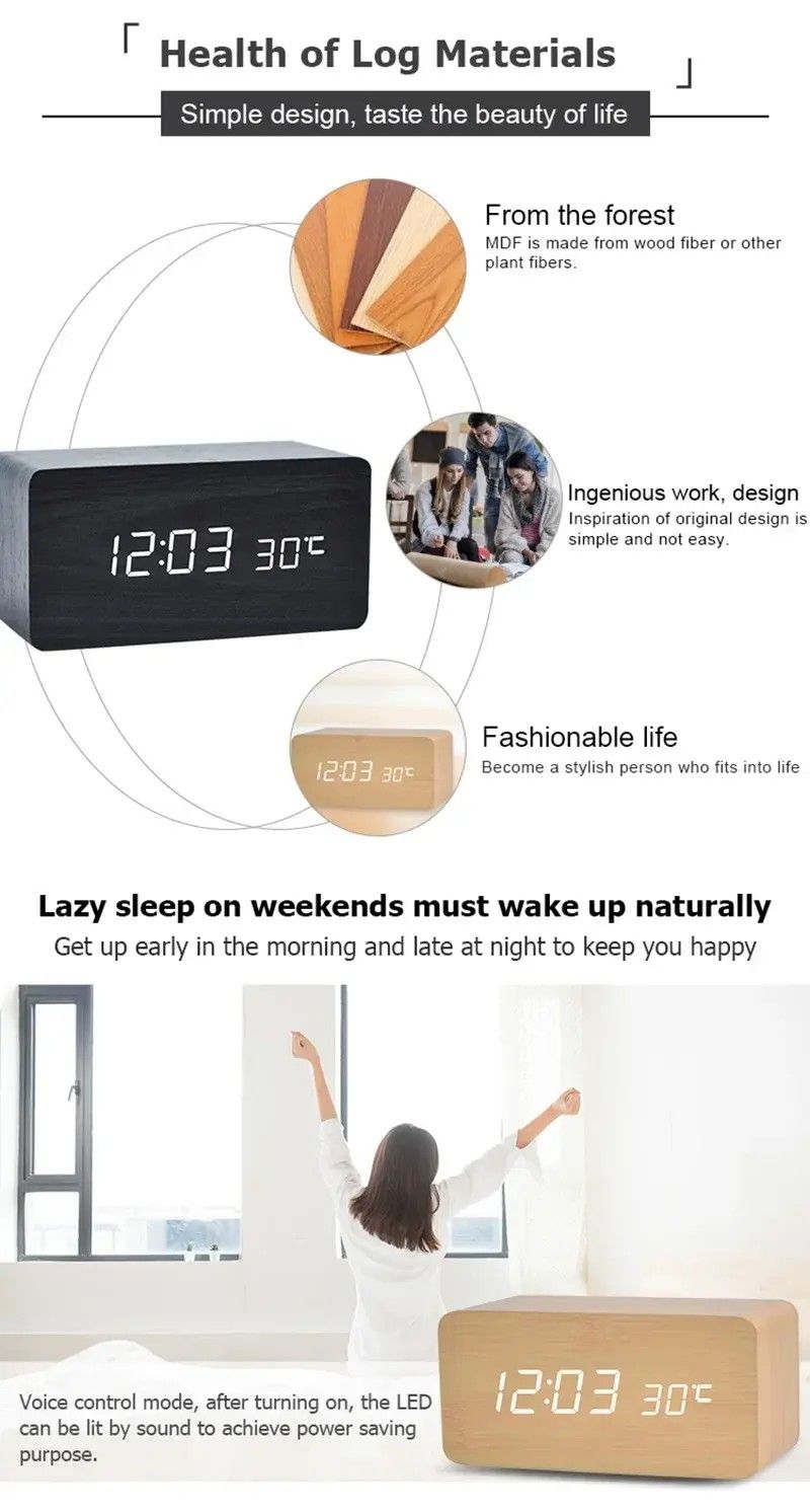Wooden LED Digital Alarm Clock With Temperature Display  Desk  Bedside Clock For Home  Office 13