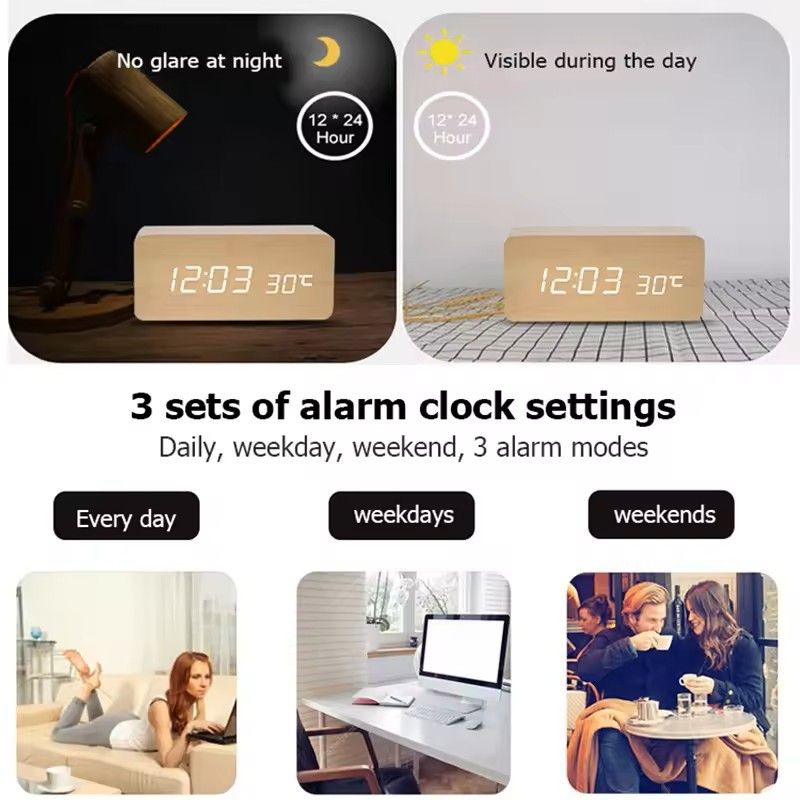 Wooden LED Digital Alarm Clock With Temperature Display  Desk  Bedside Clock For Home  Office 7