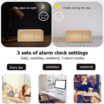 Wooden LED Digital Alarm Clock With Temperature Display  Desk  Bedside Clock For Home  Office 7