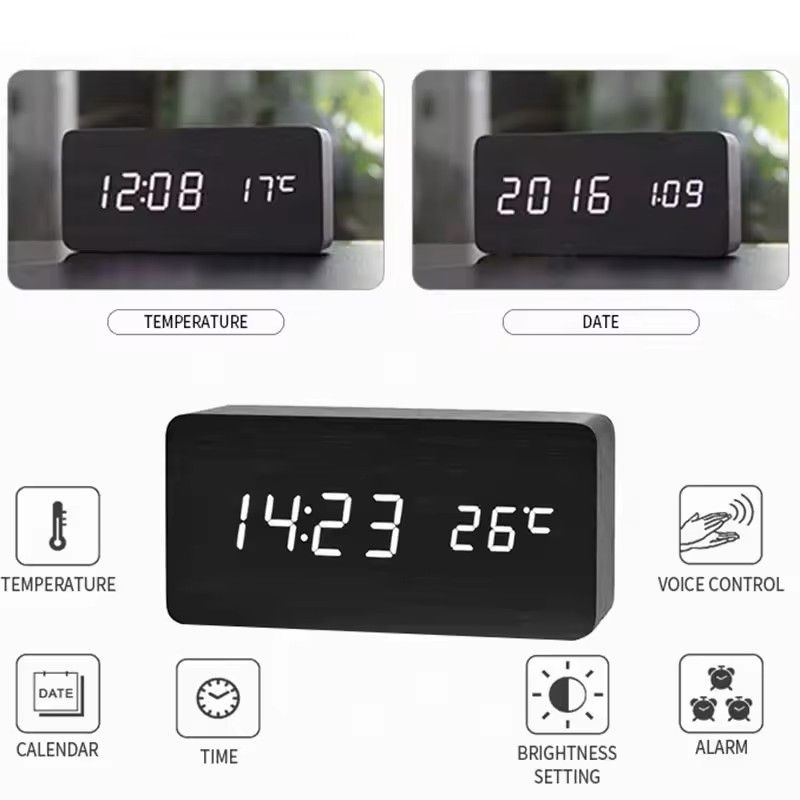 Wooden LED Digital Alarm Clock With Temperature Display  Desk  Bedside Clock For Home  Office 8
