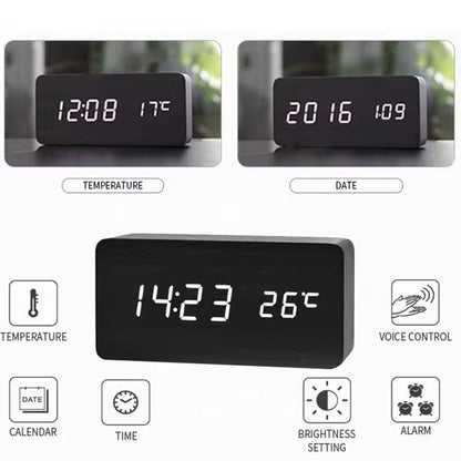 Wooden LED Digital Alarm Clock With Temperature Display  Desk  Bedside Clock For Home  Office 8