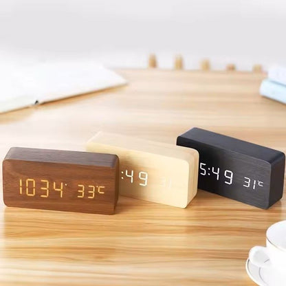 Wooden LED Digital Alarm Clock With Temperature Display  Desk  Bedside Clock For Home  Office 9