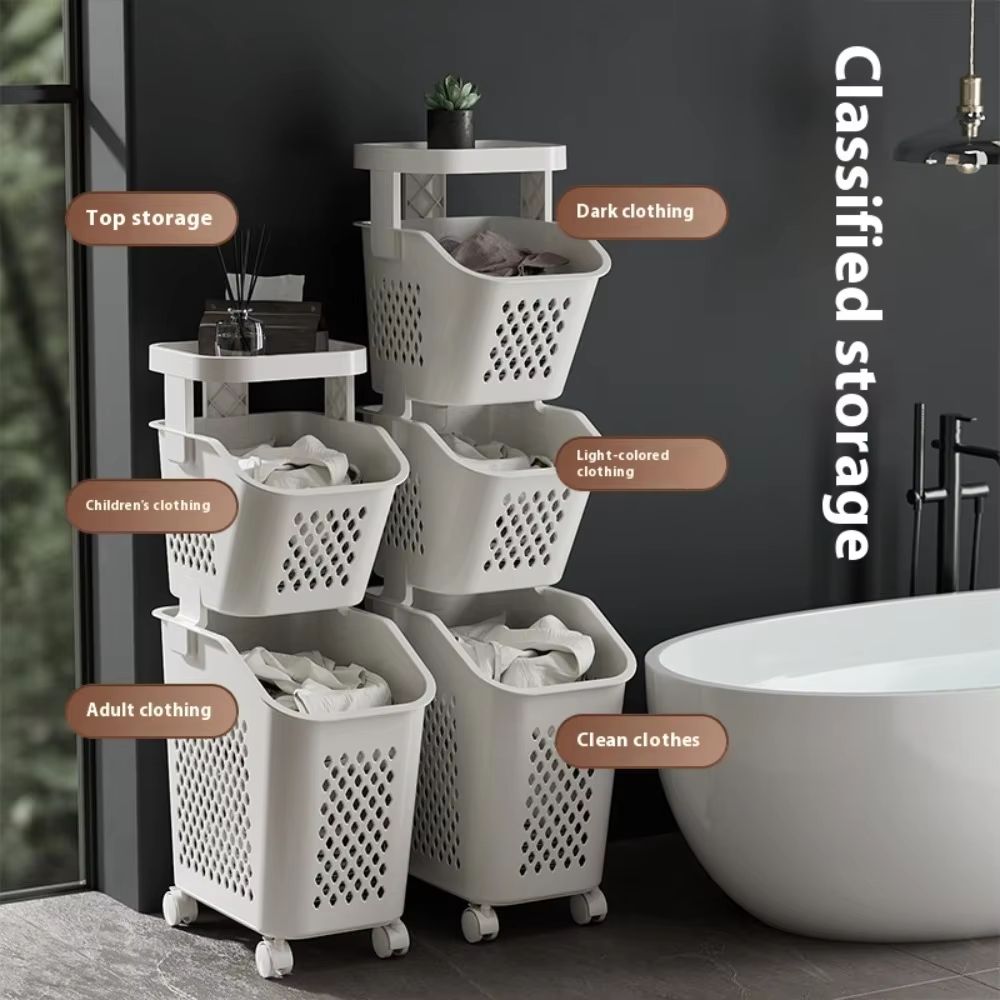 Multilayer Wheeled PP Plastic Laundry & Storage Basket Cart