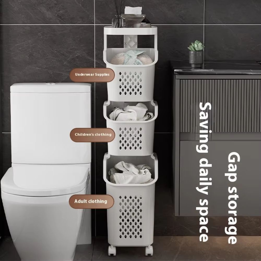 Multilayer Wheeled PP Plastic Laundry  Storage Basket Cart 1