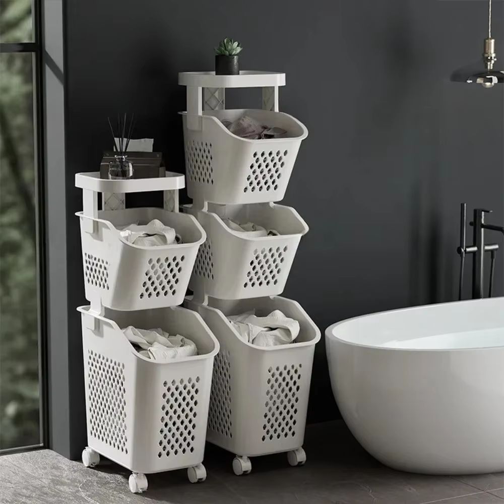 Multilayer Wheeled PP Plastic Laundry  Storage Basket Cart 3