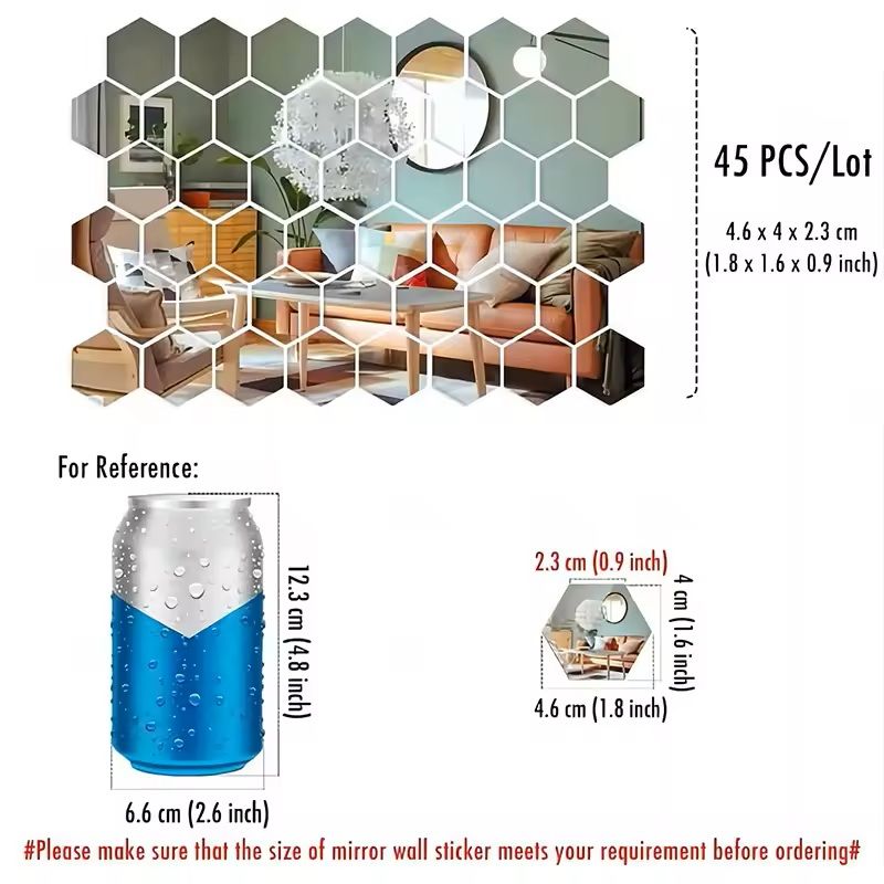 Hexagon Mirror Wall Sticker Set – 45 Piece DIY Decorative Tile Mirrors