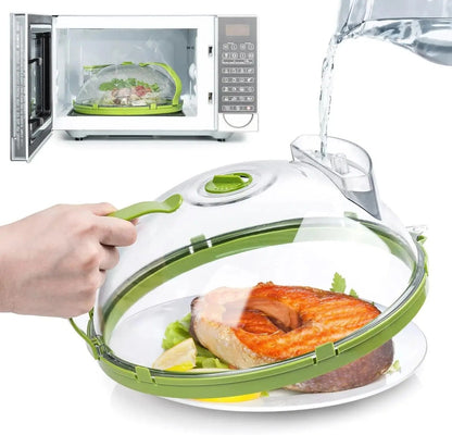 MoistGuard Clear Microwave Splatter Cover with Built-in Water Steamer & Handle – Clear Plate Shield