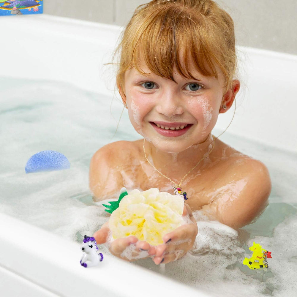 Loofahs Mesh Brush Shower Ball, Fun Fruit Designs, Child Bath Shower Sponge Pouf, Cute Bath Flower with Hooks for Travel