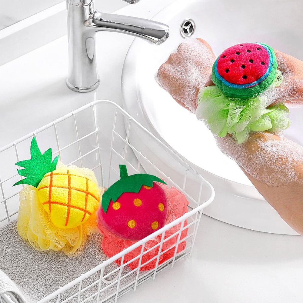 Loofahs Mesh Brush Shower Ball, Fun Fruit Designs, Child Bath Shower Sponge Pouf, Cute Bath Flower with Hooks for Travel