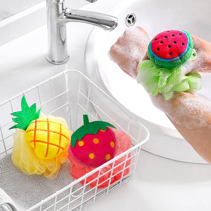 Loofahs Mesh Brush Shower Ball, Fun Fruit Designs, Child Bath Shower Sponge Pouf, Cute Bath Flower with Hooks for Travel