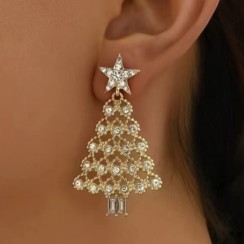 Christmas Light Luxury Shiny, New Fashion Sweet Temperament Gold, Party Jewelry for Women, Tree Pendant Earrings