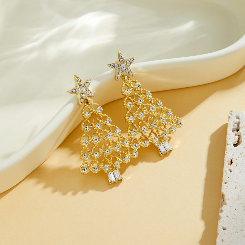 Christmas Light Luxury Shiny, New Fashion Sweet Temperament Gold, Party Jewelry for Women, Tree Pendant Earrings
