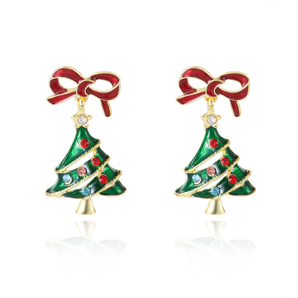 Colorful Rhinestone Enamel Tree Earrings Christmas Red Bowknot Holiday Dangle Jewelry Gift 1