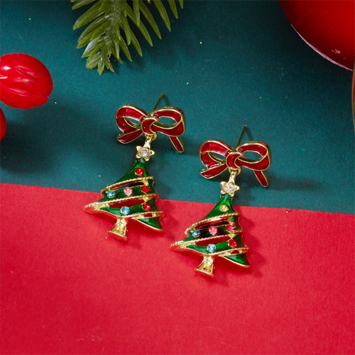 Colorful Rhinestone Enamel Tree Earrings Christmas Red Bowknot Holiday Dangle Jewelry Gift 4