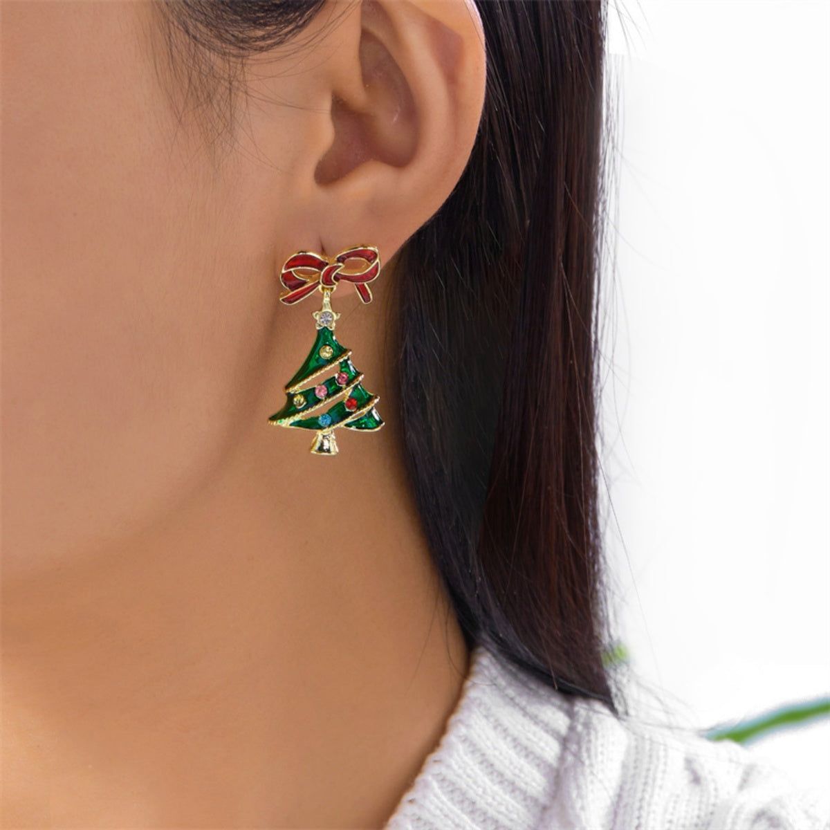 Colorful Rhinestone Enamel Tree Earrings Christmas Red Bowknot Holiday Dangle Jewelry Gift 5