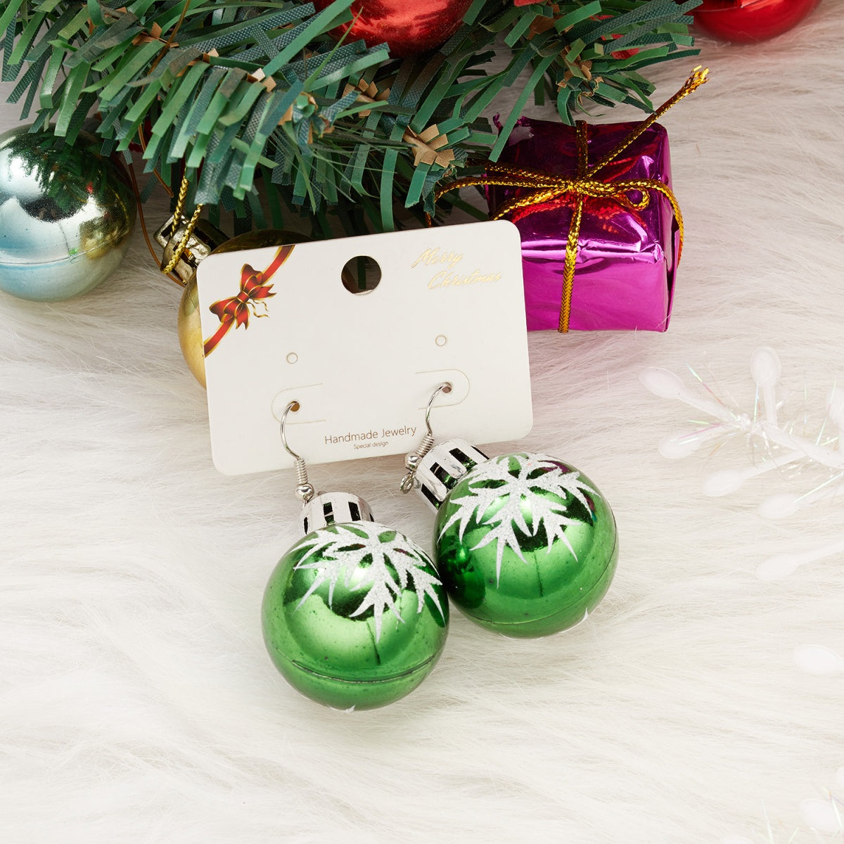 Round Ball Dangle Earrings, Christmas Snowflake Pattern Resin Bulb Drop Earrings, Holiday Jewelry Gifts For Women