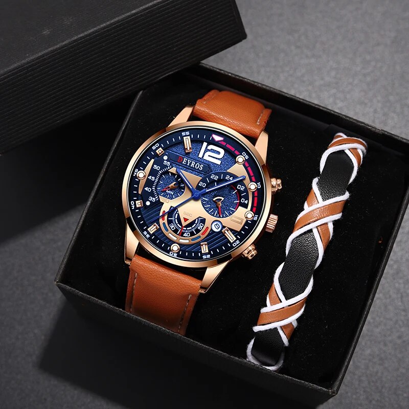 Fashion Men Calendar Watches, Luxury Brown Leather Quartz Watch, Business Casual Male Bracelet Wrist Watch