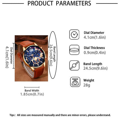 Fashion Men Calendar Watches, Luxury Brown Leather Quartz Watch, Business Casual Male Bracelet Wrist Watch