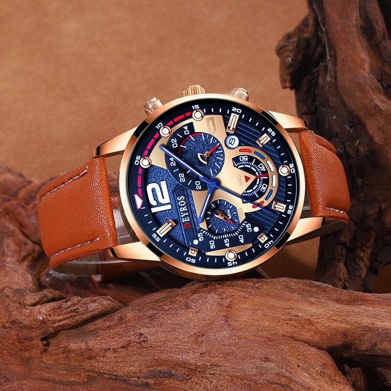 Fashion Men Calendar Watches, Luxury Brown Leather Quartz Watch, Business Casual Male Bracelet Wrist Watch