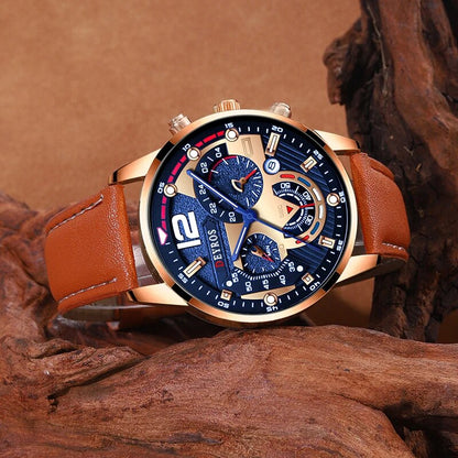 Fashion Men Calendar Watches, Luxury Brown Leather Quartz Watch, Business Casual Male Bracelet Wrist Watch