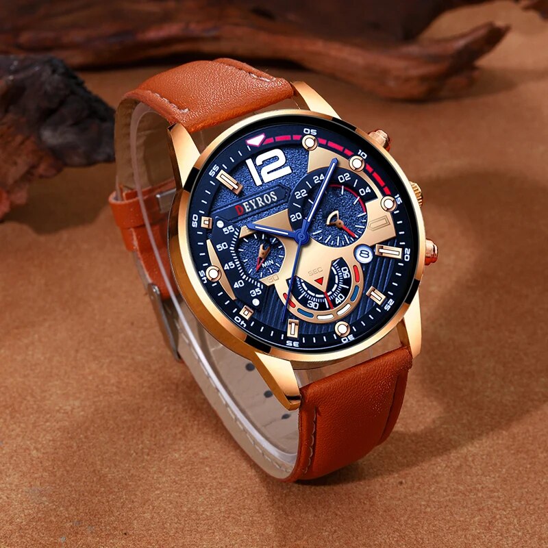Fashion Men Calendar Watches, Luxury Brown Leather Quartz Watch, Business Casual Male Bracelet Wrist Watch